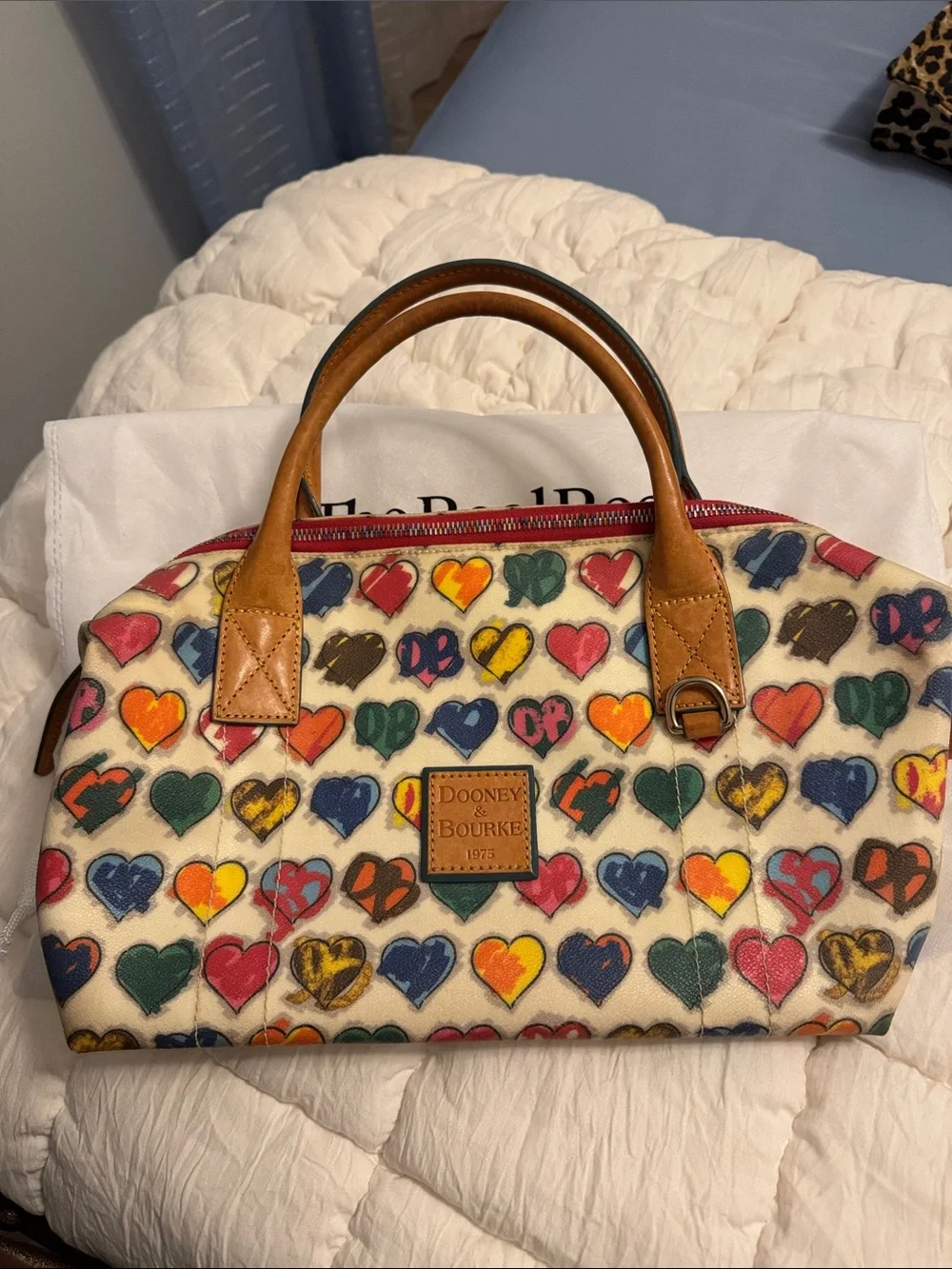 Dooney & Bourke Cream Satchel with Multicolor Heart Print